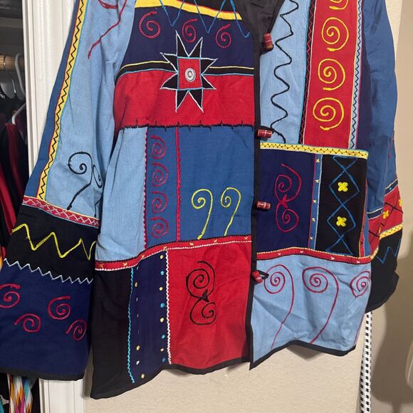 Indigo Moon Tapestry Jacket Flax Cotton blend Embroidery Patchwork artsy sz M - Picture 2 of 6